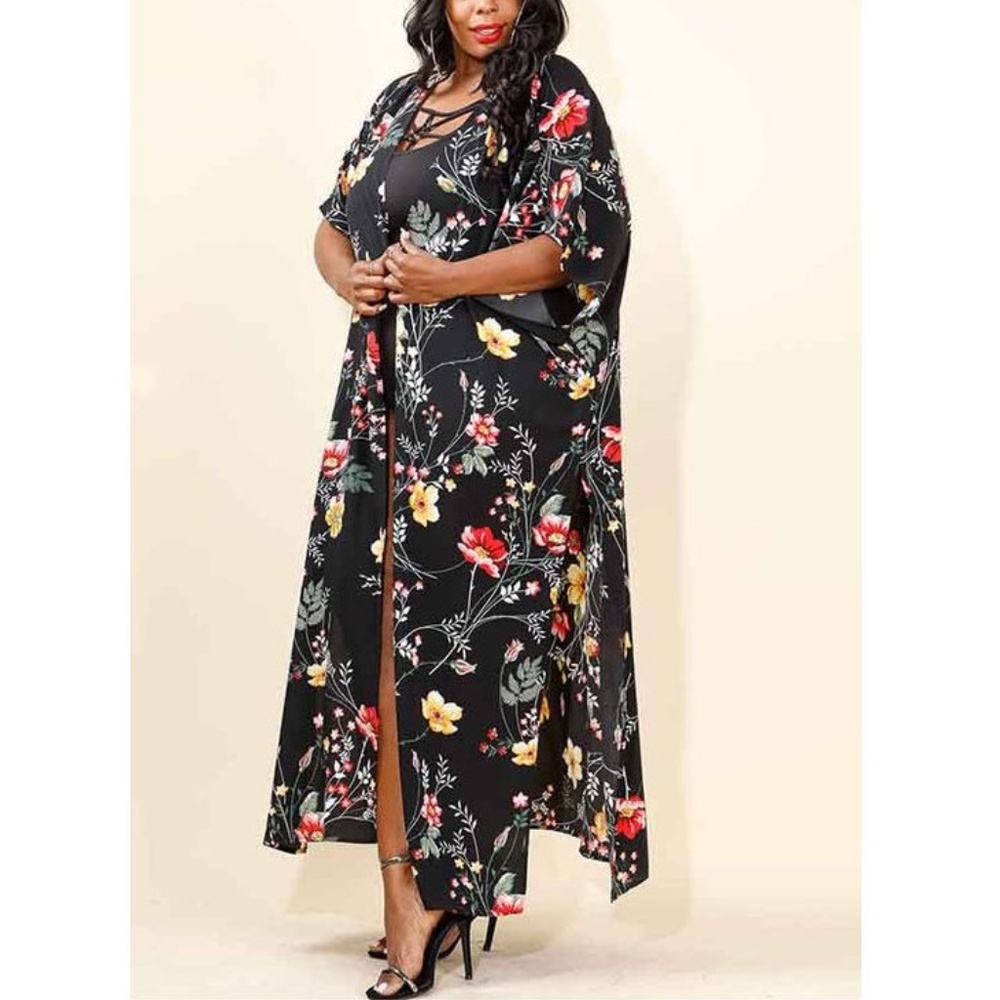 Black Floral Kimono Cardigan Duster Maxi Tunic - Picture 4 of 6